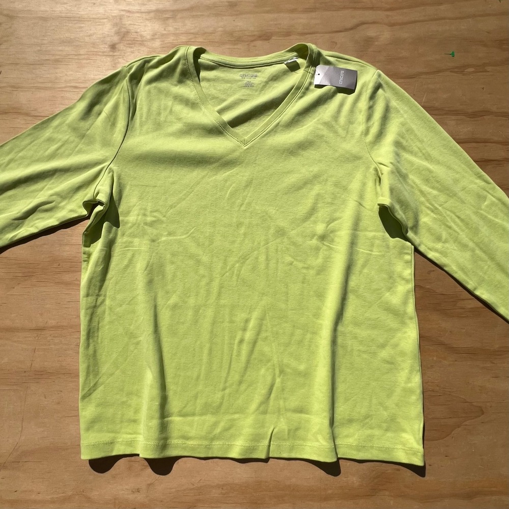 Chicos True Color Tee Lime Green V-Neck 3/4 Sleeve Cotton Top Size 3 XL